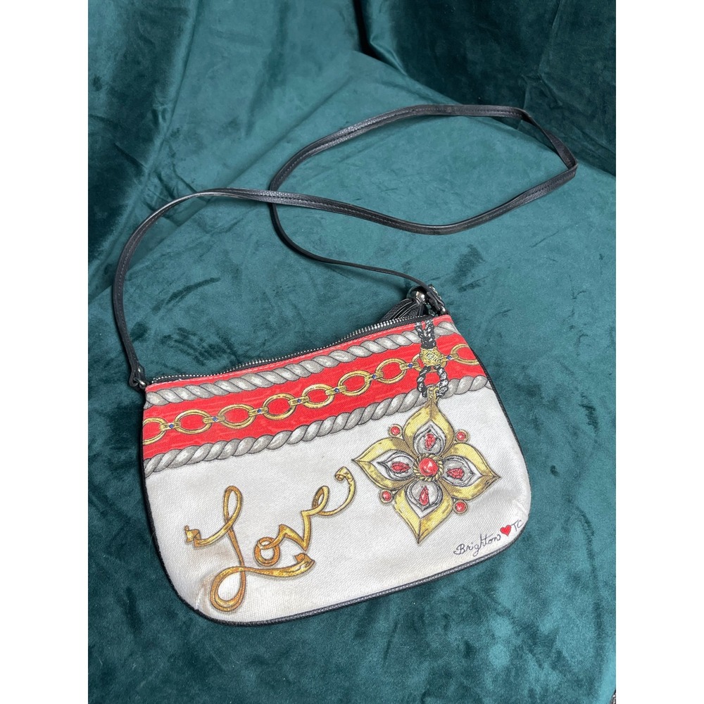 Brighton Love Canvas Crossbody Bag Jeweled Print Tassel Charm White Red Black